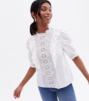 New Look White Broderie Frill Puff Sleeve Blouse